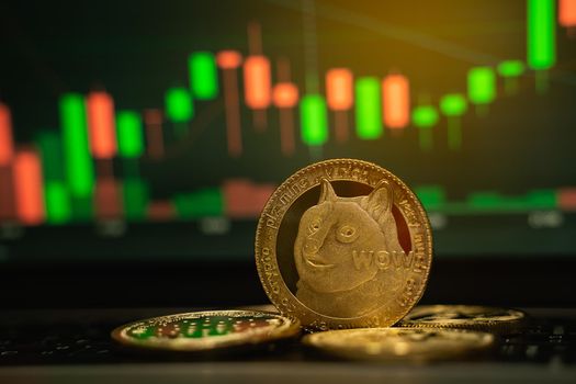 Doge gold coin and defocused chart background, cryptocurrency concept