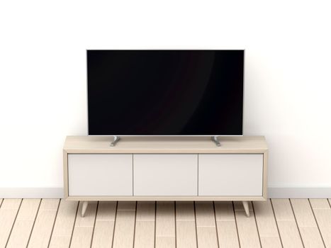 Front view of wood tv cabinet and big tv with blank screen