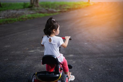 Cute children riding a bike. Kids enjoying a bicycle ride.