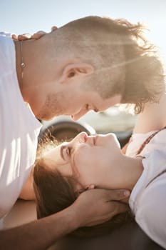 Couple, closeup and face on with love, happiness and smile together on road trip. Man, woman and happy with romance outdoor on travel, holiday or vacation for celebration, honeymoon or marriage.