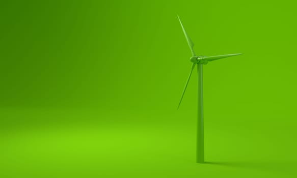 Wind turbine on green background. Sustainability concept. 3D rendering.