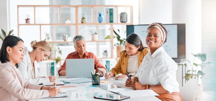 Happy black woman, leadership or business in meeting for teamwork, diversity or research with smile. Manager, employee leader or girl worker portrait with success, motivation or planning mission goal.