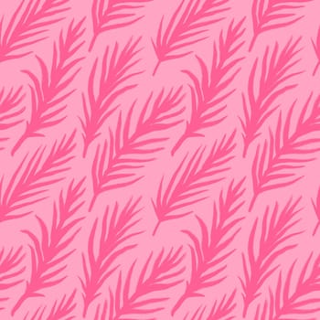 Hand drawn seamless pattern with pink palm leaves monstera leaf, beige baby girl fabric print. Tropical jungle holiday vacation design, cute summer plant nature