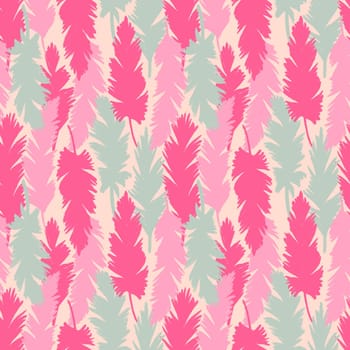 Hand drawn seamless pattern with pink palm leaves monstera leaf, beige baby girl fabric print. Tropical jungle holiday vacation design, cute summer plant nature