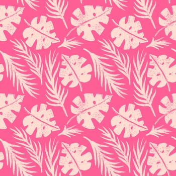 Hand drawn seamless pattern with pink palm leaves monstera leaf, beige baby girl fabric print. Tropical jungle holiday vacation design, cute summer plant nature