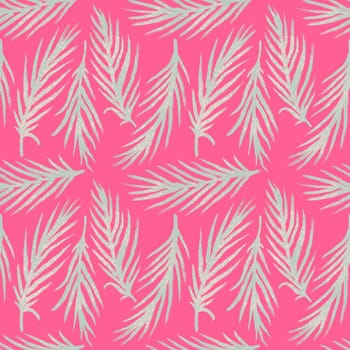 Hand drawn seamless pattern with pink palm leaves monstera leaf, beige baby girl fabric print. Tropical jungle holiday vacation design, cute summer plant nature