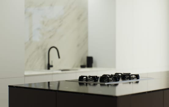 Design 3d visualization of the interior is made in a strict minimalistic style. Close-up of a black marble countertop with a kitchen stove and kitchen sink in the background.