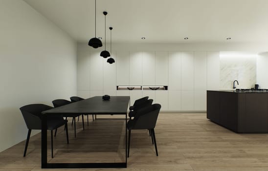 Design 3d visualization of the interior is made in a strict minimalistic style. A large dark dining table in a spacious light minimalist kitchen with a large dark island.