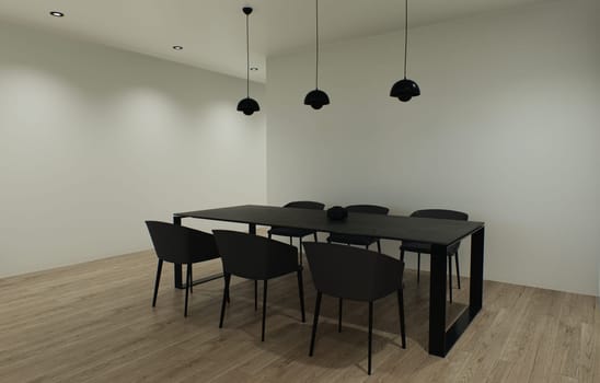 Design 3d visualization of the interior is made in a strict minimalistic style. Dining black table with chairs against a light wall.