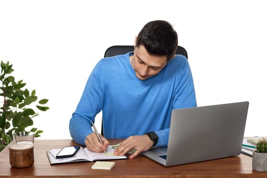 freelance blogger taking notes, working business with laptop