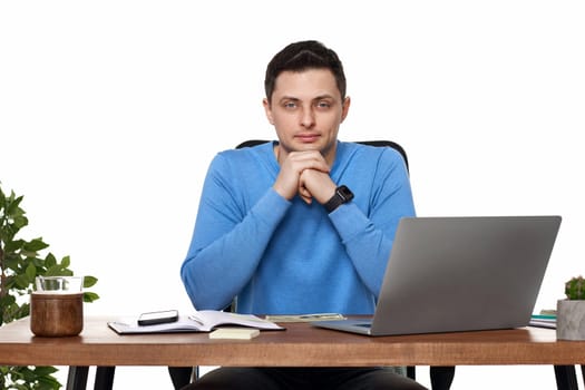 entrepreneur man using laptop computer for online work at table on white background