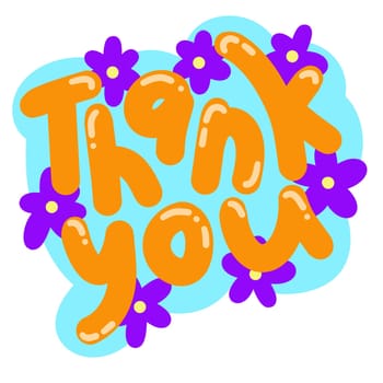 Hand drawn illustration sticker of thank you card. Thankful grateful orange blue icon symbol, gratitude design, colorful cartoon bright drawing sketch, flower floral background