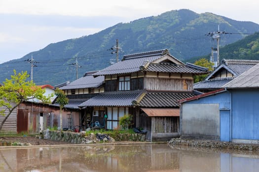 Traditional Japanese wooden house by flooded rice field in small town. High quality photo