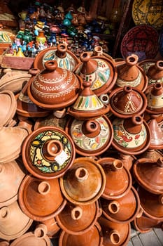 Selection of colorful Moroccan tajines. Traditional dish, meat and vegetable in ceramic tajine.