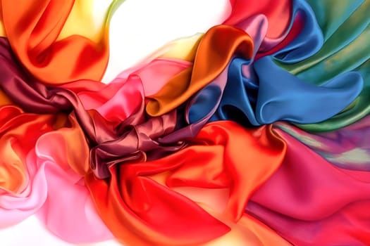 Multicolored Silk Chiffon Background with Wavy Satin Folds. Orange Pink Magenta Blue Green Design Element for Banner, Wallpaper, Poster, Cover. Generative AI Illustration.
