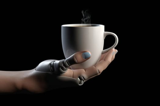 Prosthetic or robotic hand holding a cup of coffee or tea on a black background. A bionic robot hand holding a cup.