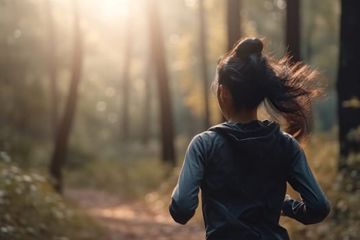Portrait of Young woman or girl running in the forest with setting sun. The girl is doing sports.
