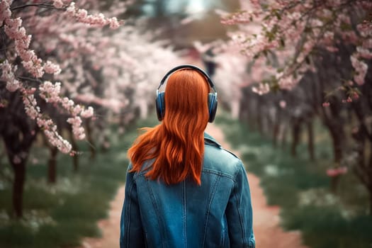 Red Hear Girl in a busy spring town or city street listens to music in wireless headphones. Girl no face visible on the background of spring flowering park.