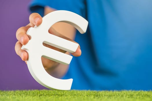 Recession or crisis in Europe. The concept of growth or fall of the economy in Europe. Euro sign in hand on a purple background. High quality photo