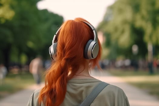 Red Hear Girl in a busy summer town or city street listens to music in wireless headphones. Girl no face visible on the background of summer green park