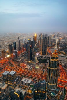 DUBAI, UAE - MARCH, 2021: At the top of Burj Khalifa, cityscape of Dubai, UAE