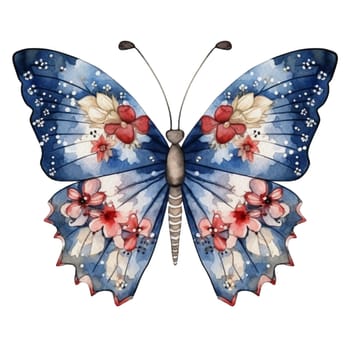 Watercolor Patriotic Butterfly 4th of July Illustration Clipart. Isolated butterfly on white background for Independence Day DIY craft and sublimation design.