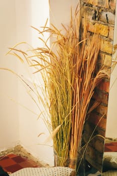 Dried autumn flowers bouquet at home close up