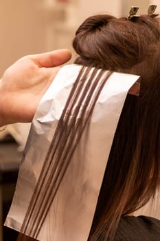 Hairdresser, hairstylist is applying bleaching powder on woman's strands of hair, wrapping into the foil in beauty salon. Professional stylist takes care, healing hair Vertical plane. Healthy shag