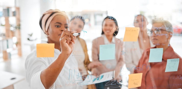 Planning, strategy or black woman writing a winning marketing or advertising plan for business ideas. Sticky notes, meeting or creative people working on global startup project target or team goals.