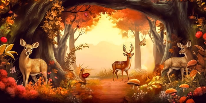 autumn magic forest with deer and doe, banner with copy space, made with Generative AI. High quality illustration