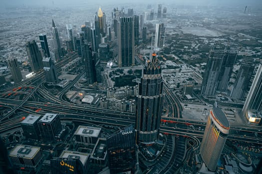 DUBAI, UAE - MARCH, 2021: At the top of Burj Khalifa, cityscape of Dubai, UAE