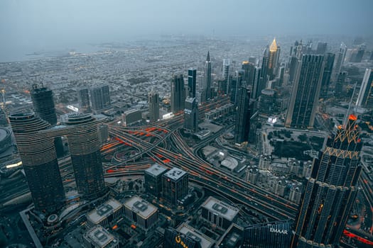 DUBAI, UAE - MARCH, 2021: At the top of Burj Khalifa, cityscape of Dubai, UAE