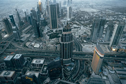 DUBAI, UAE - MARCH, 2021: At the top of Burj Khalifa, cityscape of Dubai, UAE