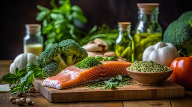 Balanced nutrition concept for clean eating flexitarian mediterranean diet, keto, ketogenic on a wooden kitchen table. Ai Generative