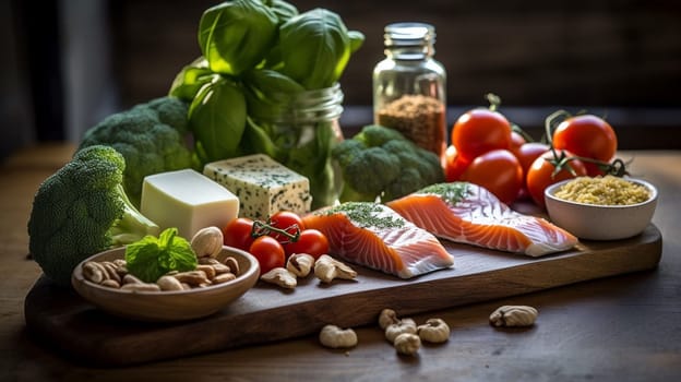 Balanced nutrition concept for clean eating flexitarian mediterranean diet, keto, ketogenic on a wooden kitchen table. Ai Generative