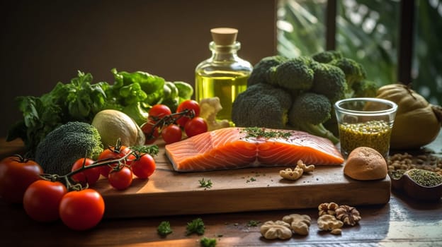 Balanced nutrition concept for clean eating flexitarian mediterranean diet, keto, ketogenic on a wooden kitchen table. Ai Generative