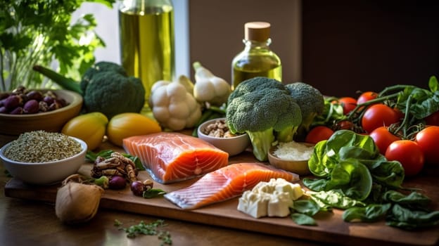 Balanced nutrition concept for clean eating flexitarian mediterranean diet, keto, ketogenic on a wooden kitchen table. Ai Generative