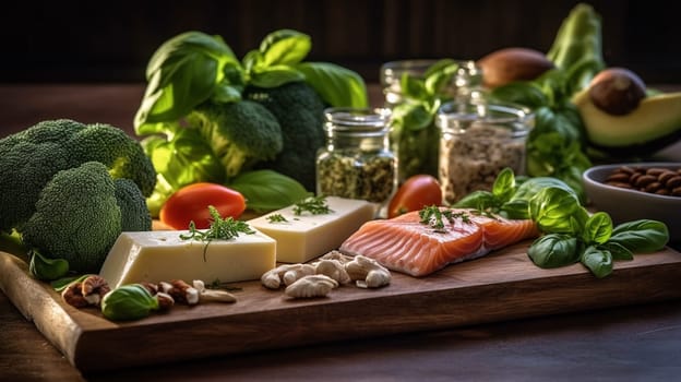 Balanced nutrition concept for clean eating flexitarian mediterranean diet, keto, ketogenic on a wooden kitchen table. Ai Generative