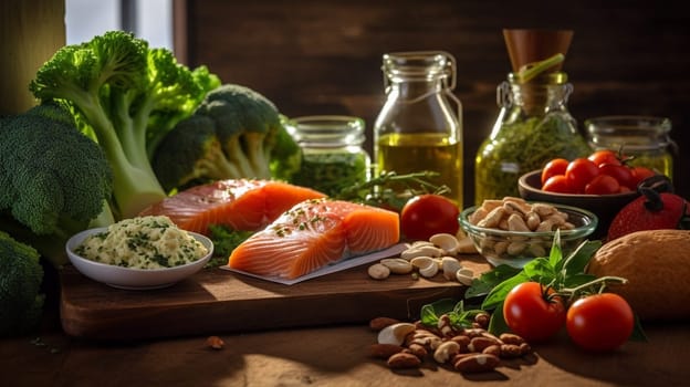 Balanced nutrition concept for clean eating flexitarian mediterranean diet, keto, ketogenic on a wooden kitchen table. Ai Generative