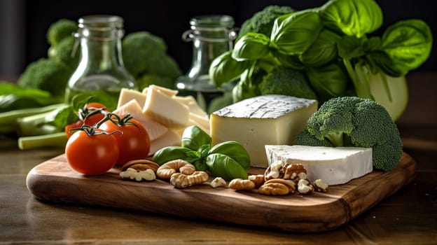 Balanced nutrition concept for clean eating flexitarian mediterranean diet, keto, ketogenic on a wooden kitchen table. Ai Generative