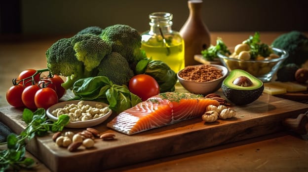 Balanced nutrition concept for clean eating flexitarian mediterranean diet, keto, ketogenic on a wooden kitchen table. Ai Generative