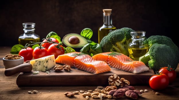 Balanced nutrition concept for clean eating flexitarian mediterranean diet, keto, ketogenic on a wooden kitchen table. Ai Generative