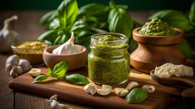 basil pesto sauce and ingredients for pesto on wooden background. Ai Generative