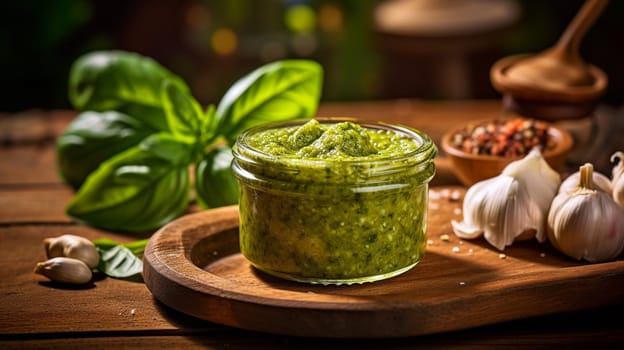 basil pesto sauce and ingredients for pesto on wooden background. Ai Generative