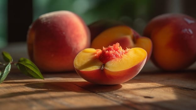 Peaches on a black background. Sweet and juicy peach slices with a stone. Ai Generative.