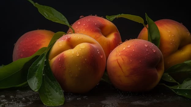 Peaches on a black background. Sweet and juicy peach slices with a stone. Ai Generative.
