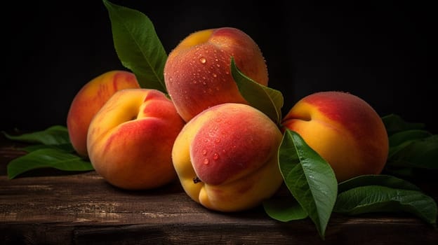 Peaches on a black background. Sweet and juicy peach slices with a stone. Ai Generative.