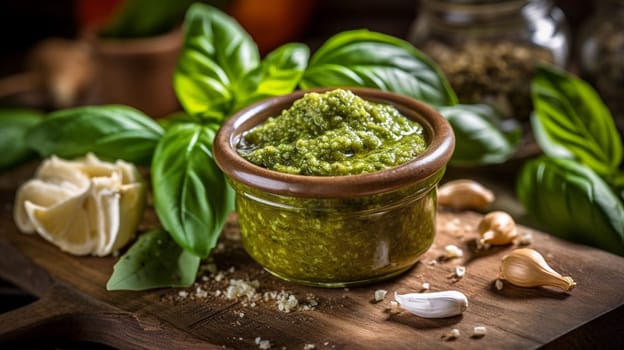 basil pesto sauce and ingredients for pesto on wooden background. Ai Generative