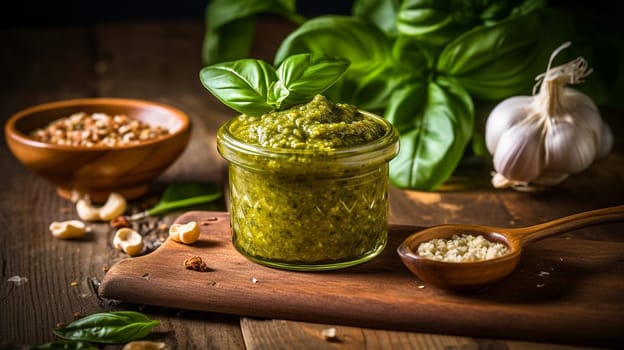 basil pesto sauce and ingredients for pesto on wooden background. Ai Generative