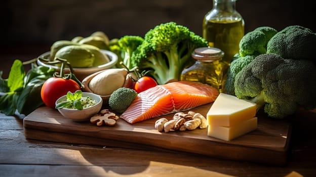 Balanced nutrition concept for clean eating flexitarian mediterranean diet, keto, ketogenic on a wooden kitchen table. Ai Generative